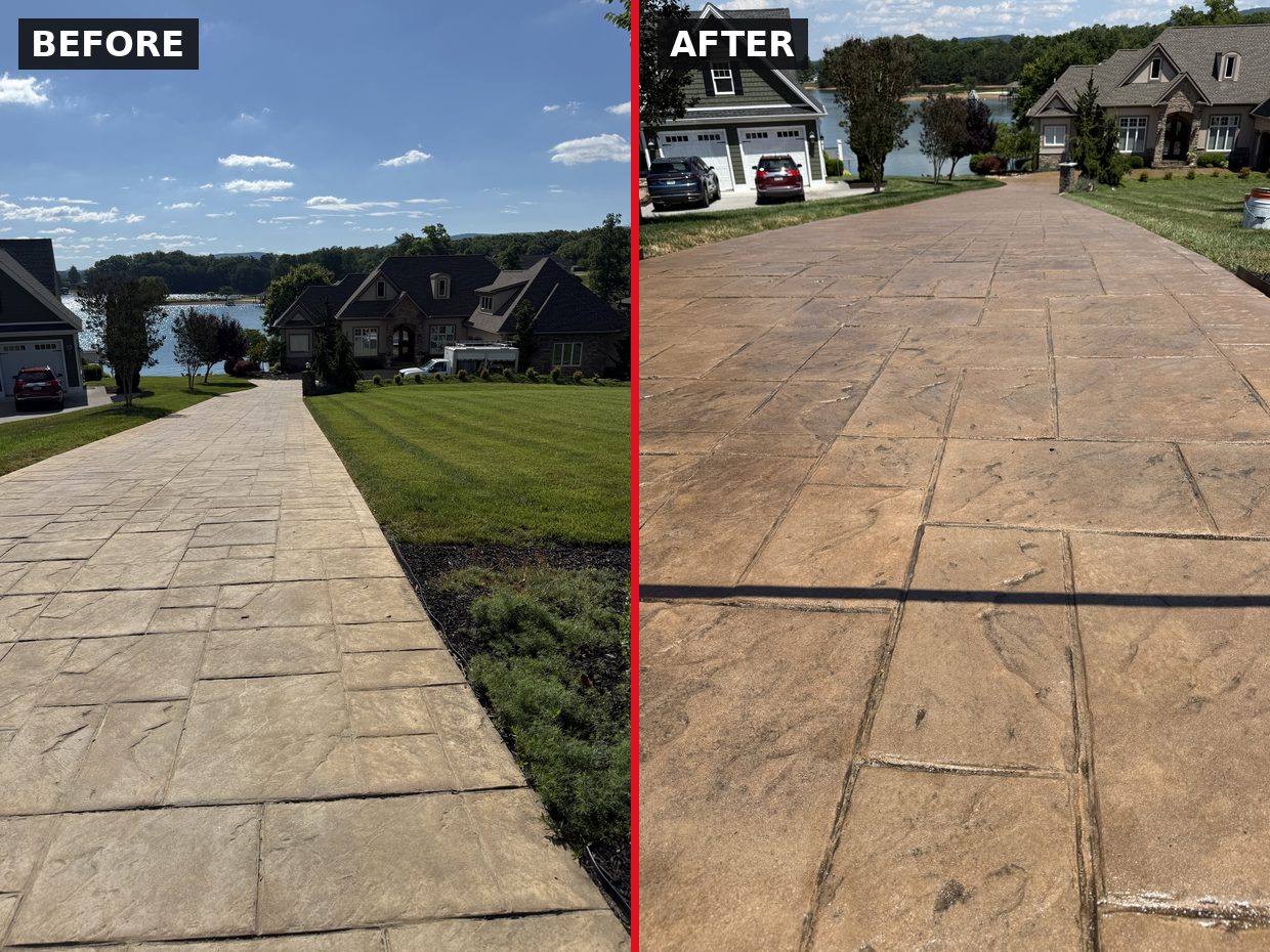 Stamped Concrete Clean & Seal — Moneta, VA before and after by Pro-Shine Softwash