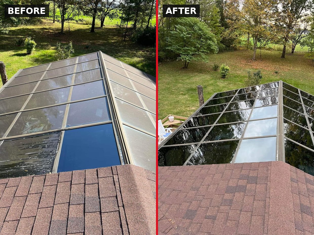 Sunroom Glass Cleaning — Rocky Mount, VA before and after by Pro-Shine Softwash