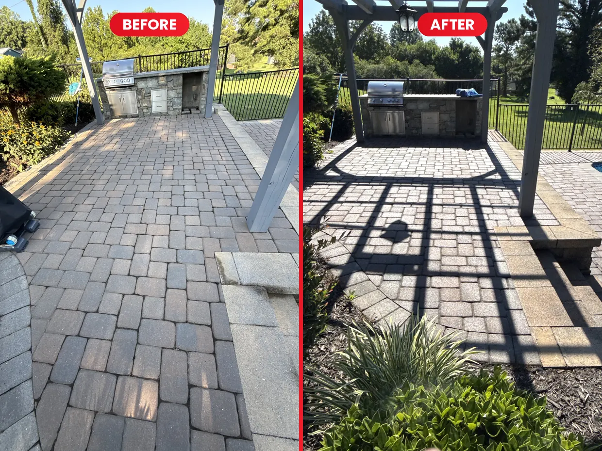Outdoor kitchen paver patio before and after sealing in Rocky Mount, VA