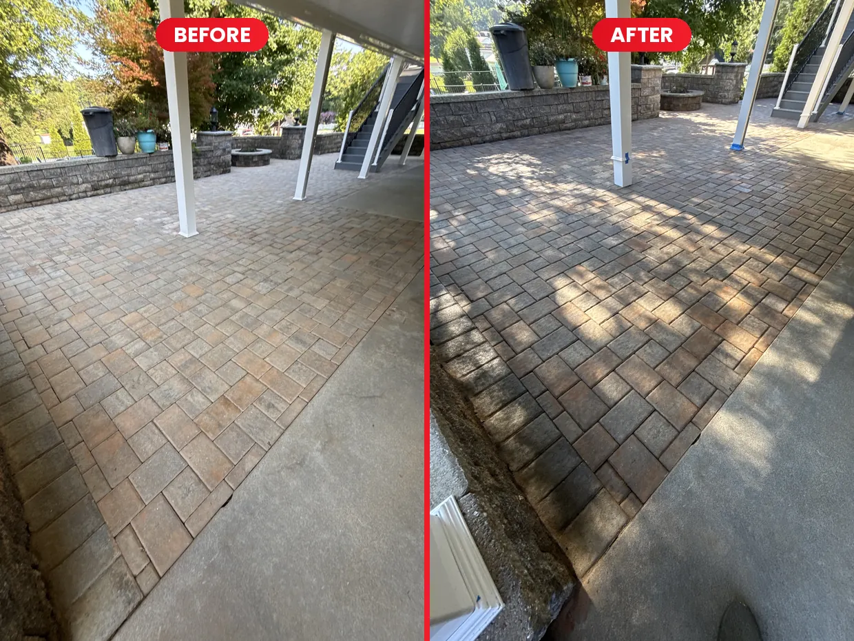 Covered paver patio before and after cleaning and sealing in Rocky Mount, VA