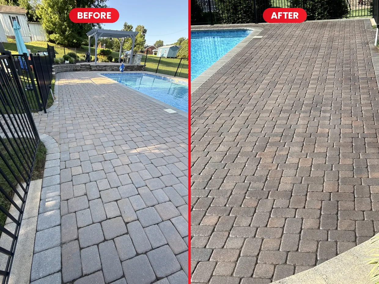 Paver pool deck before and after cleaning and sealing in Rocky Mount, VA