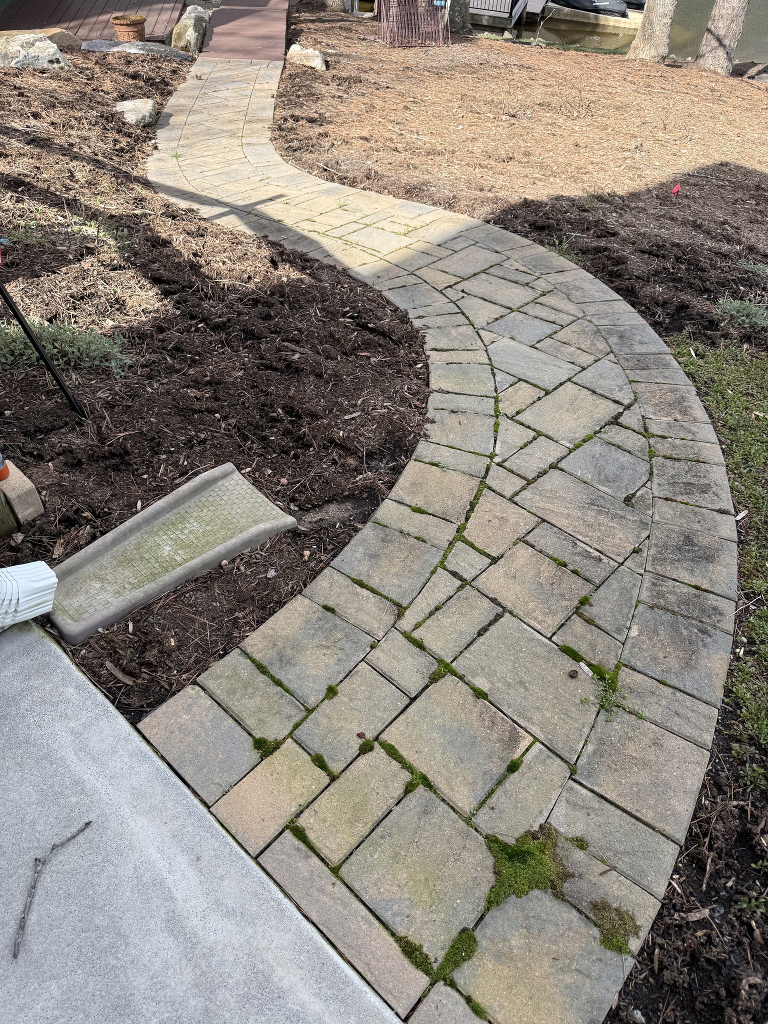 Curved back paver path with moss and washed-out joint sand before restoration in Union Hall, VA
